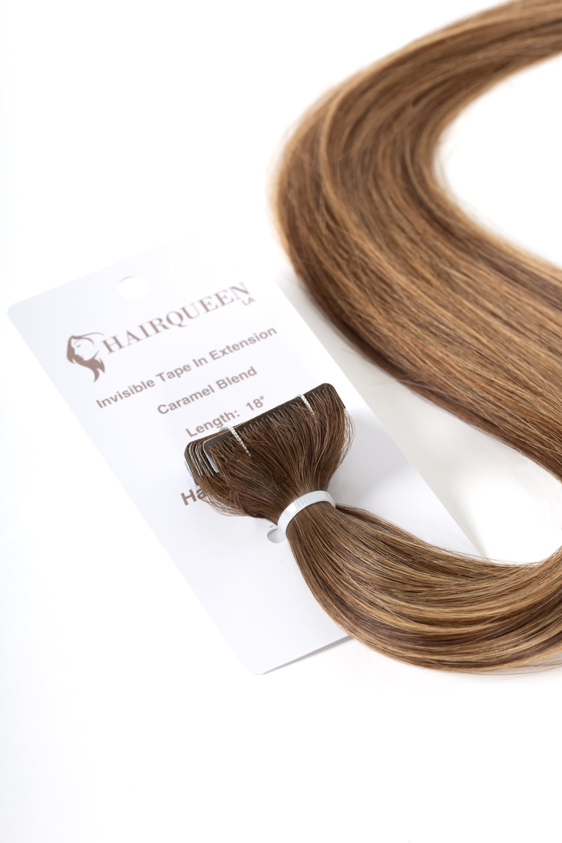 Caramel blend tape-in hair extension weft, with packaging card attached