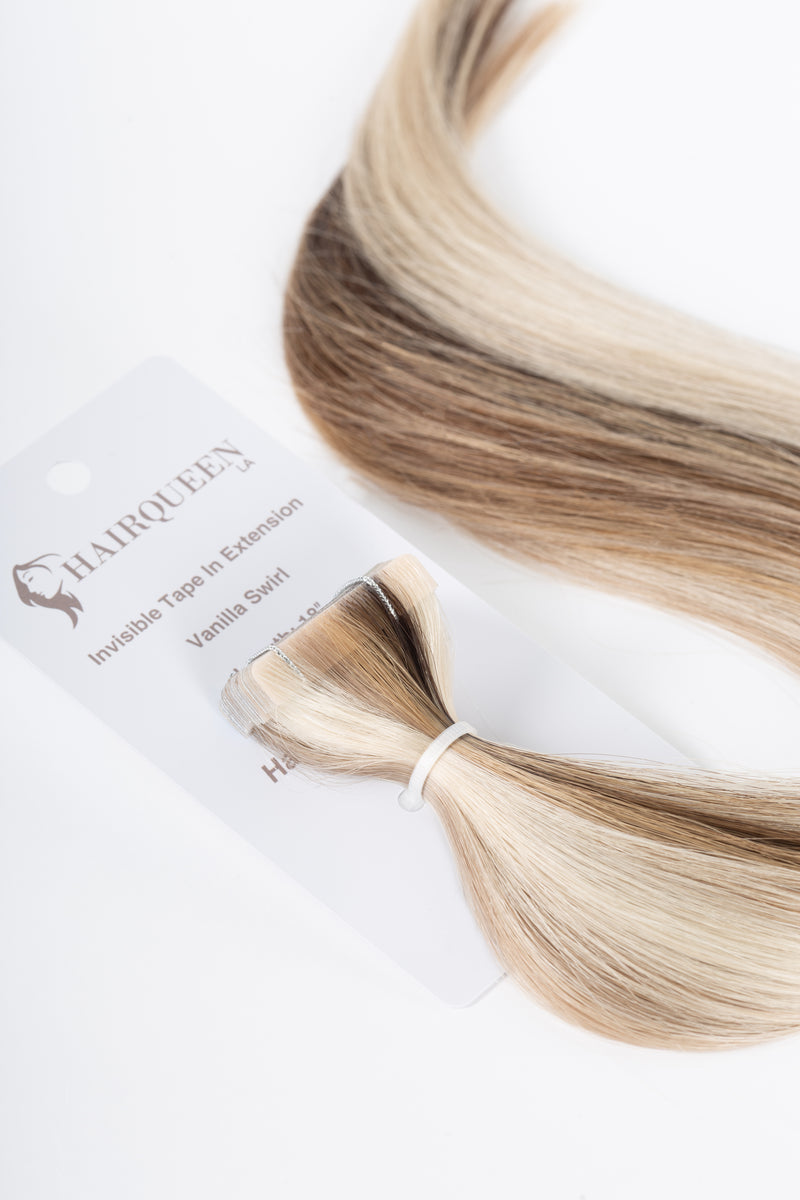 Vanilla swirl tape-in hair weft with long blonde and brown strands