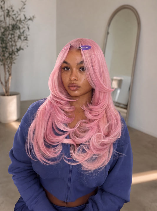 Pink rose lace wig with crown clip, long layered waves and soft curl texture