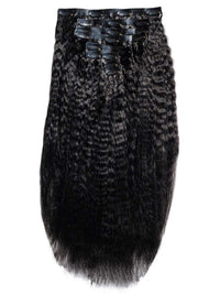 Dark wavy clip-in hair weft with metal snap clips on top, full-length texture.