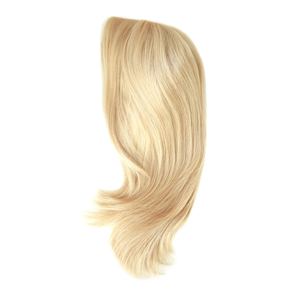 Blonde sheitel wig with long silky hair, side profile and loose waves