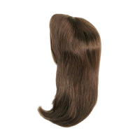 Dark brown wig piece with smooth top and tapered, softly curled ends