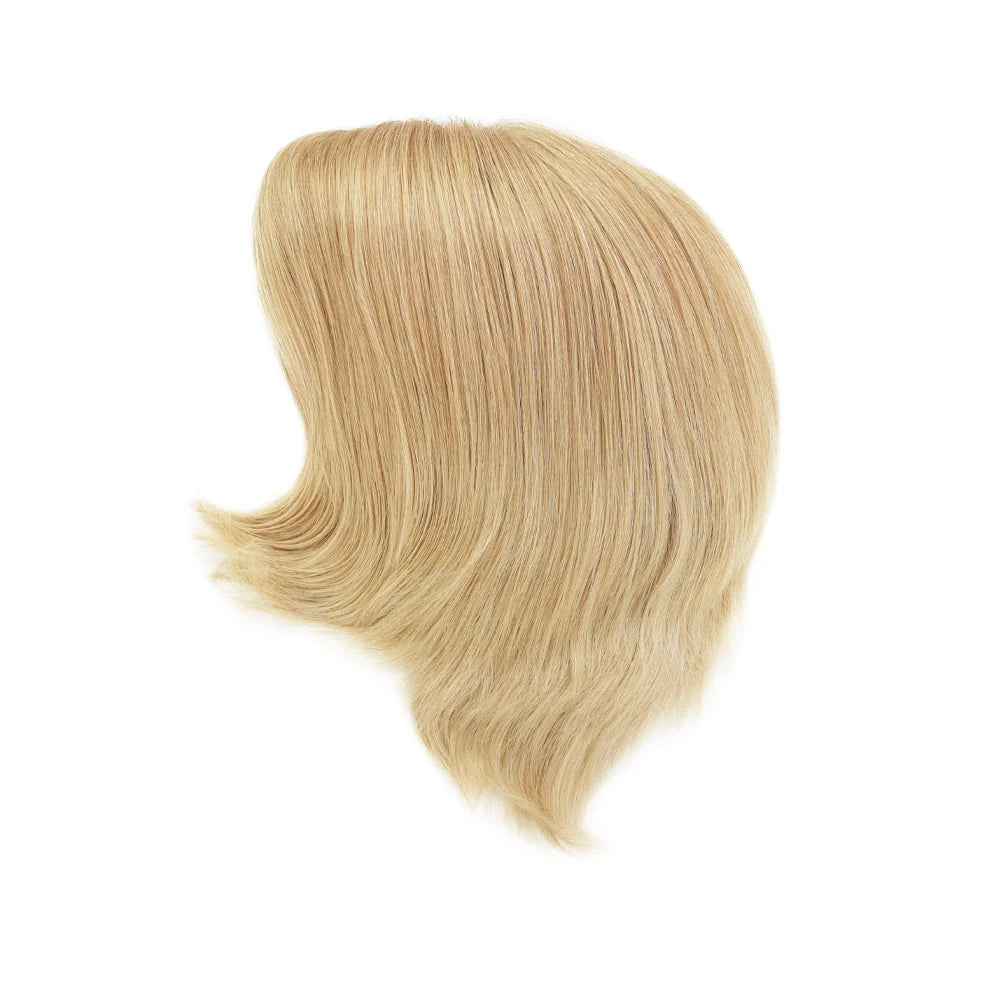 Blonde wig hair piece with smooth, layered waves and side-swept, full volume