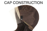 Wig cap with lace top and clips, showing dark hair laid across the base