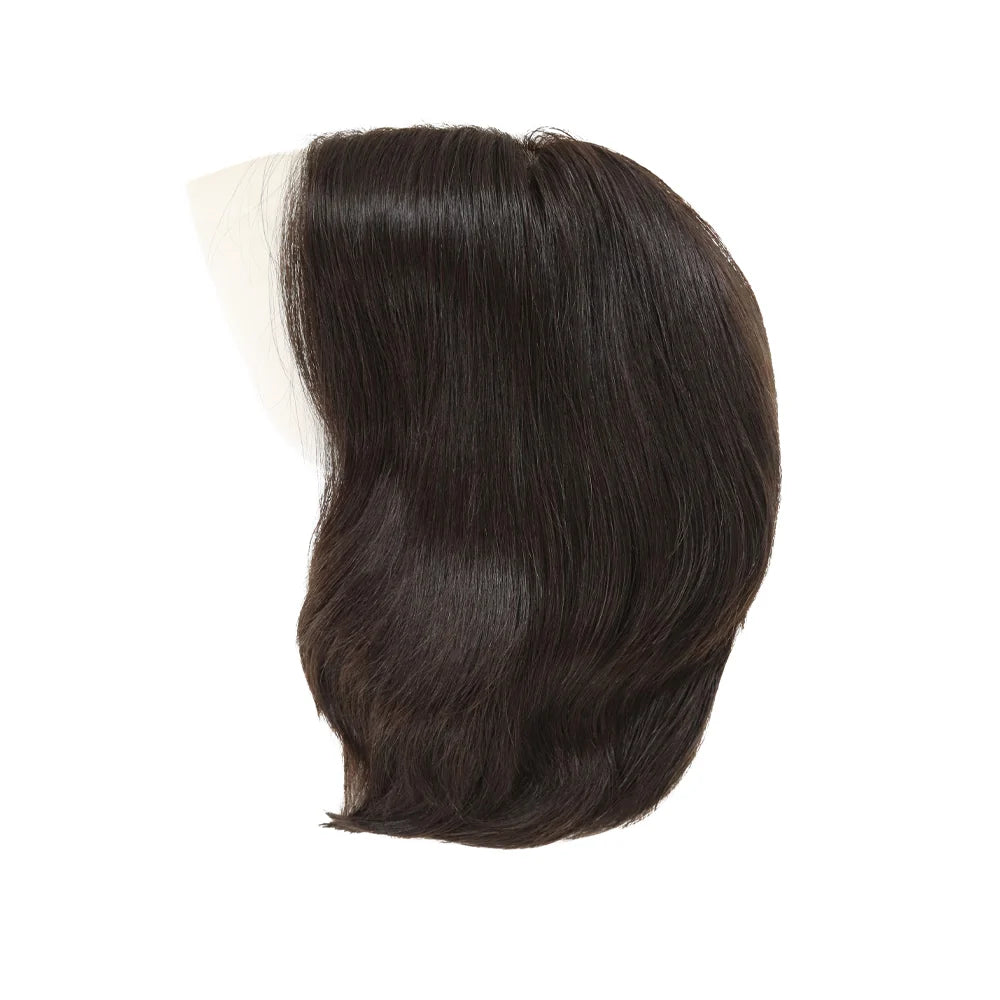 Dark brown wig with straight, silky hair and rounded back silhouette