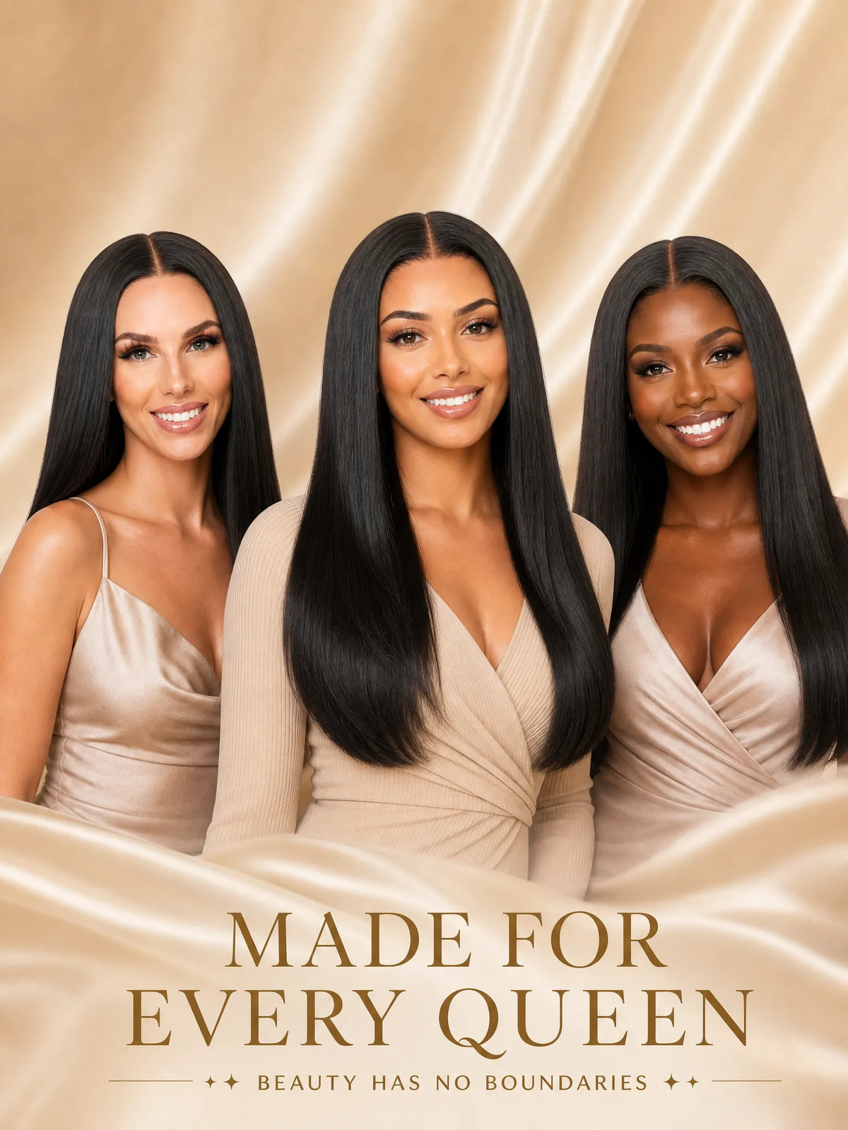 Lace wig styling with long black straight hair on three models, center part