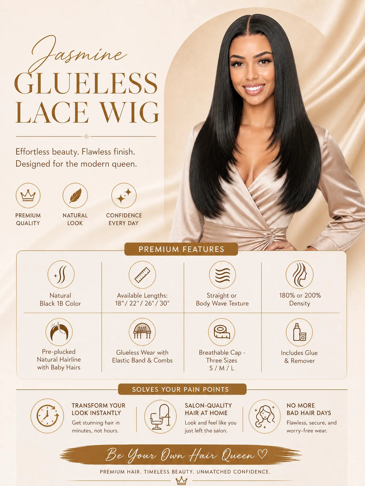 Glueless lace wig box with model wearing black straight hair and deep center part