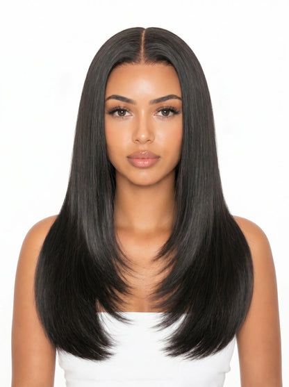 Lace wig, long black straight hair with center part and natural hairline