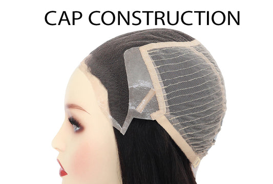 Wig cap with lace front and mesh back panel, shown on mannequin head