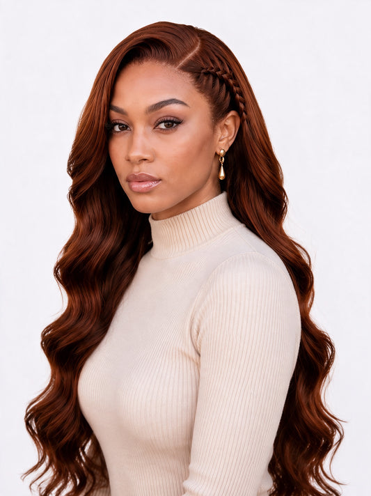Side view of long auburn-brown wavy wig with lace front and deep side part