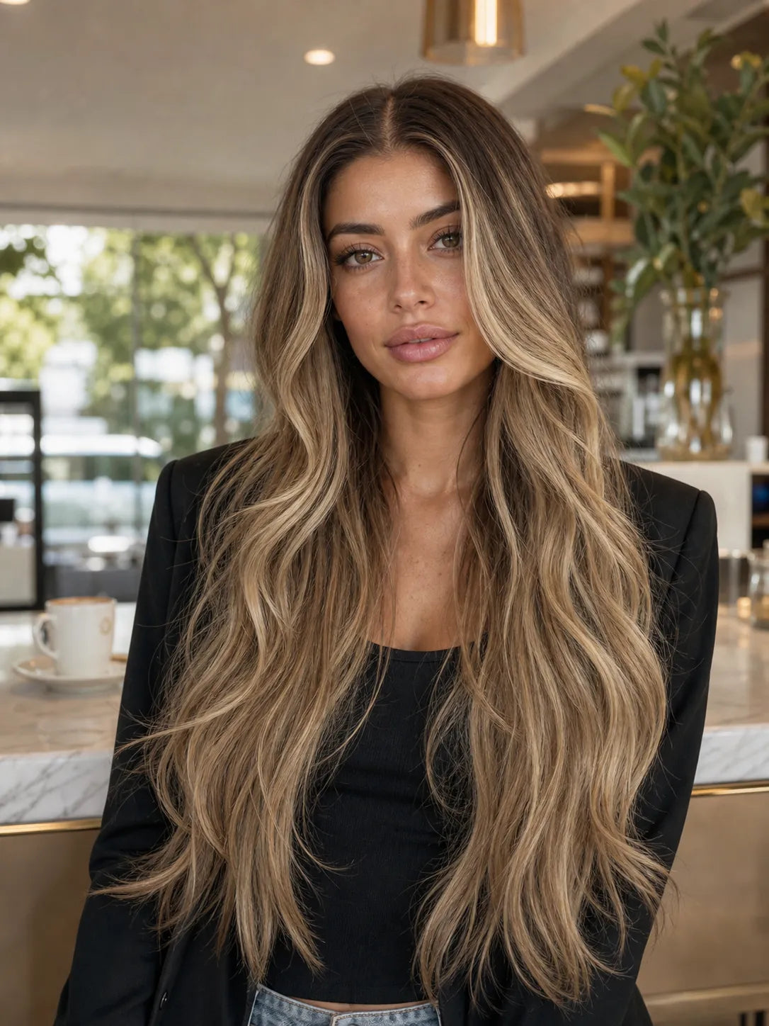 Lace wig with long wavy dark-to-blonde ombre hair and center part