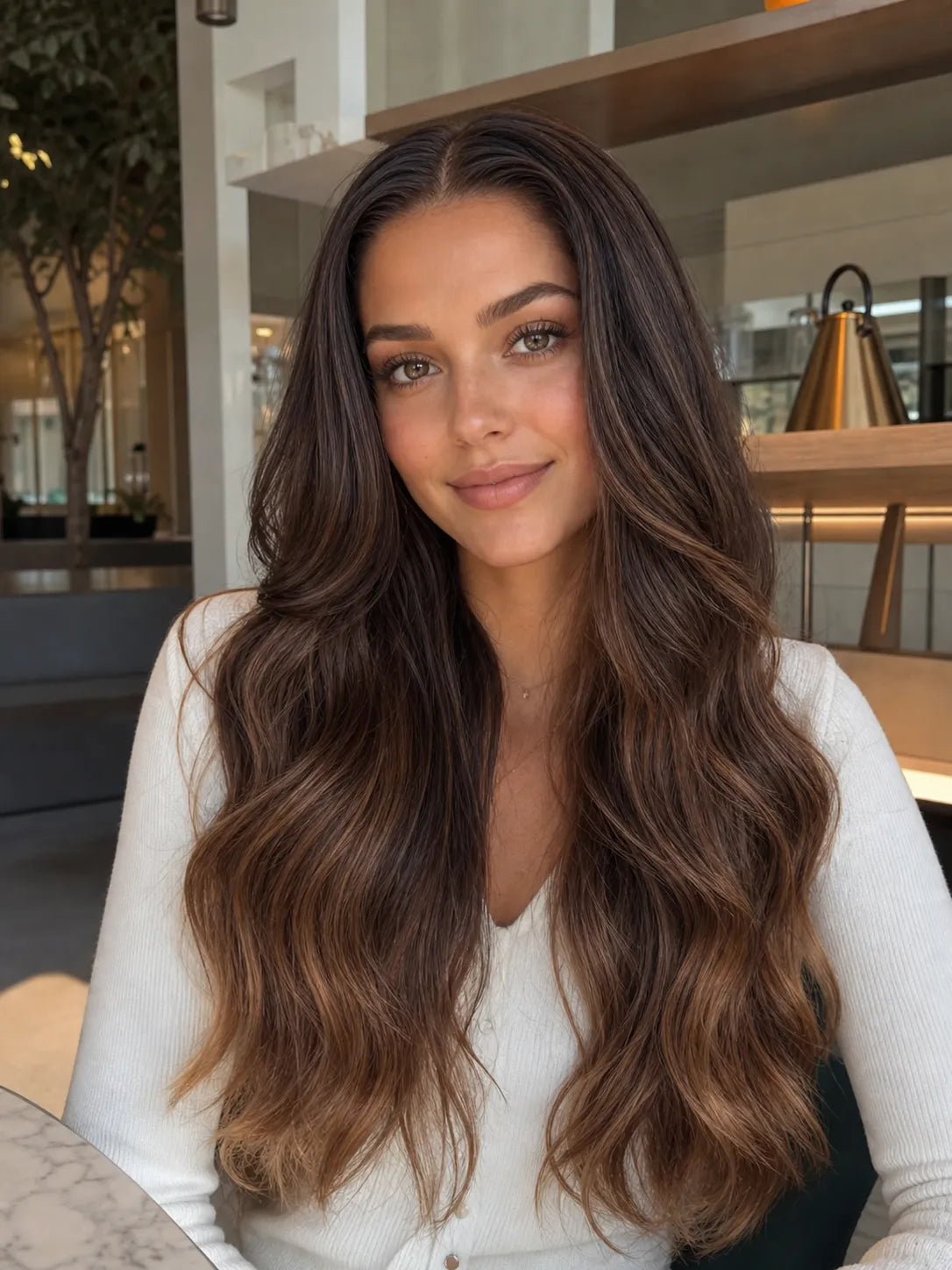 Long dark brown lace wig with side part and loose waves, natural hairline.