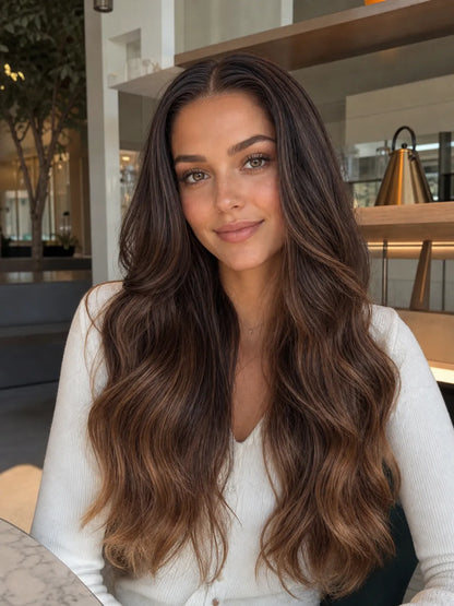 Long dark brown lace wig with side part and loose waves, natural hairline.