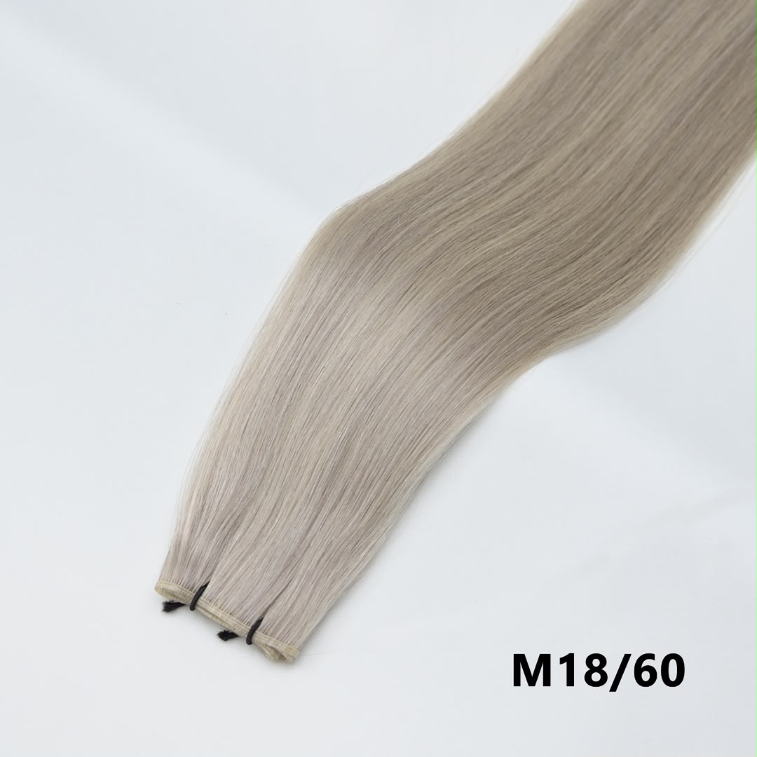 Tape-in hair extension in M18/60 silver melt straight bundle with tape tabs
