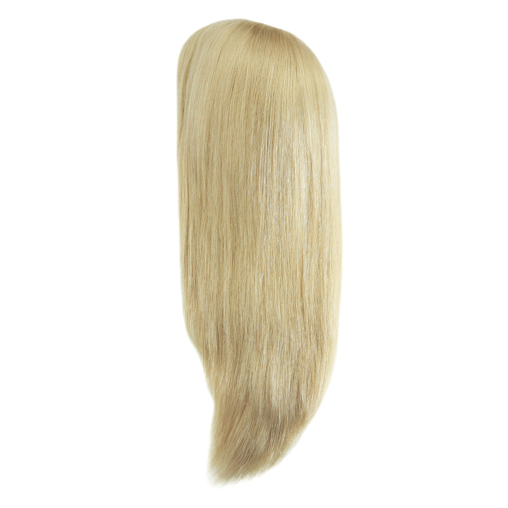 Platinum blonde fine mono medical wig, straight long hair, centered view