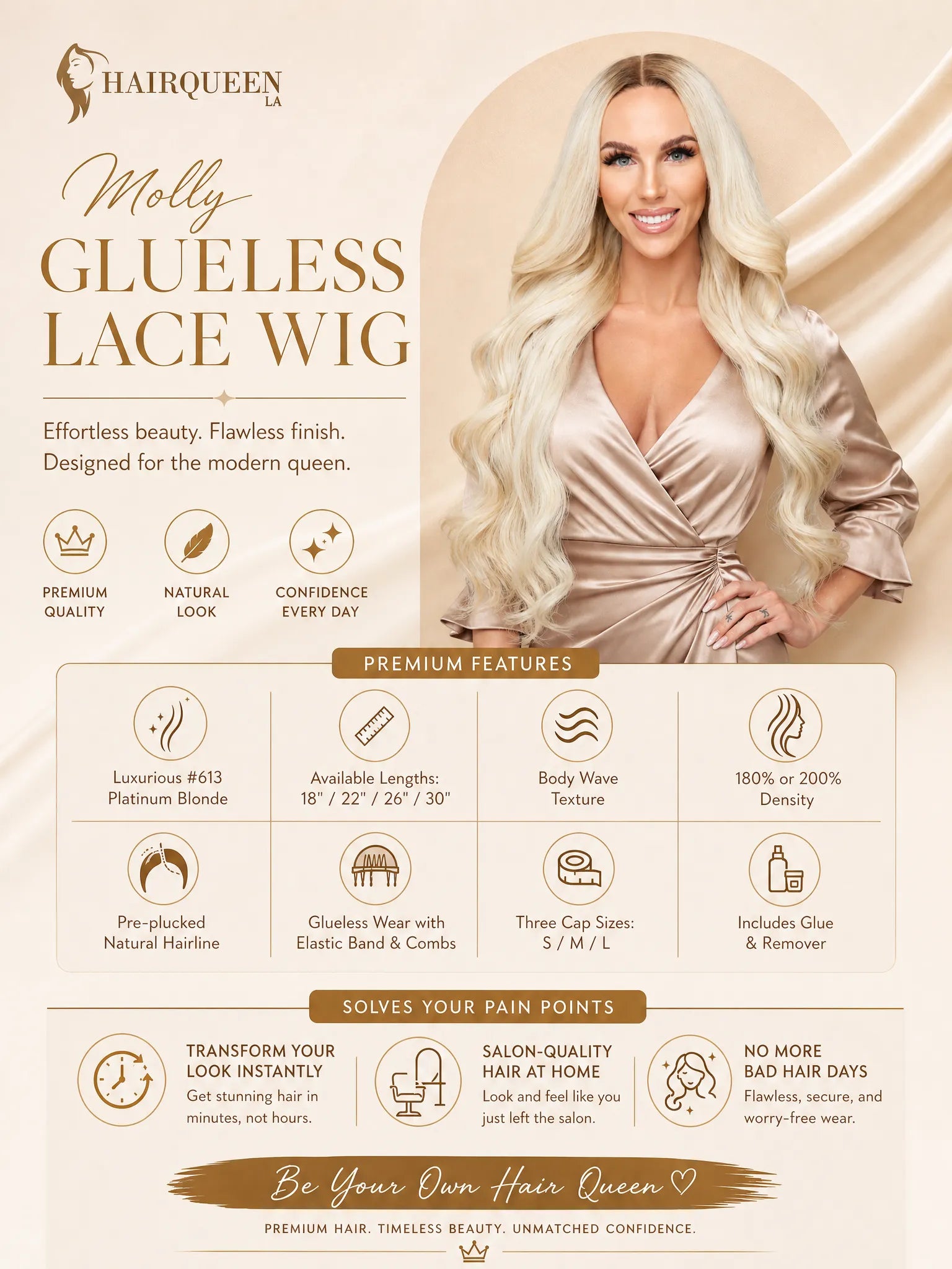 Glueless lace wig box for Molly, body-wave texture in platinum blonde #613