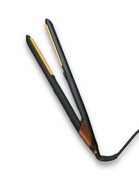 Black flat iron with cord, gold accents on plates