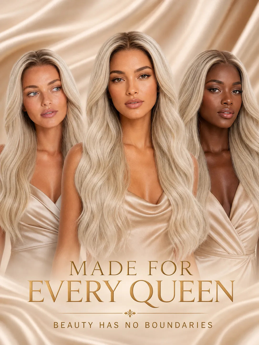 Three models wearing long platinum blonde wavy lace wigs