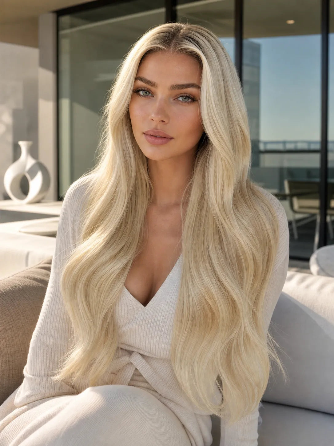 Long platinum blonde lace wig with voluminous wavy hair