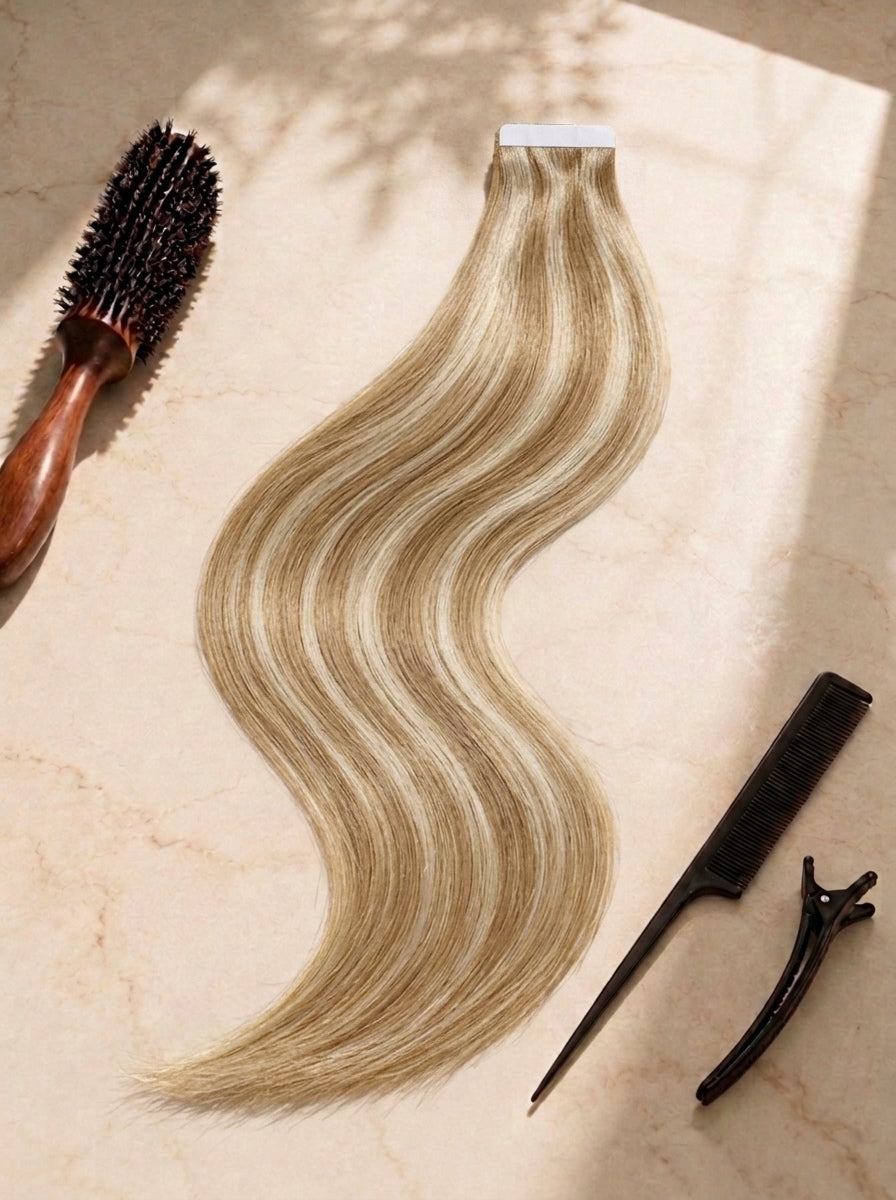 Straight tape-in hair extension, light blonde wavy strands, visible tape strip