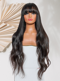 Long straight black wig with blunt bangs and centered, smooth strands