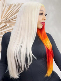 Long straight platinum wig with vivid orange and yellow ends, side profile.