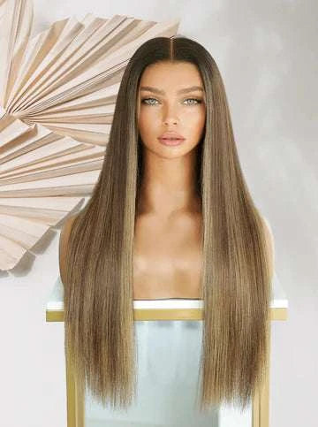 Ready-to-wear wig, long straight light brown hair with middle part