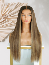 Deep brown long straight-to-wavy wig with center part and sleek strands