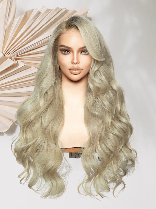 Long wavy wig in pale ash blonde with full, loose curls