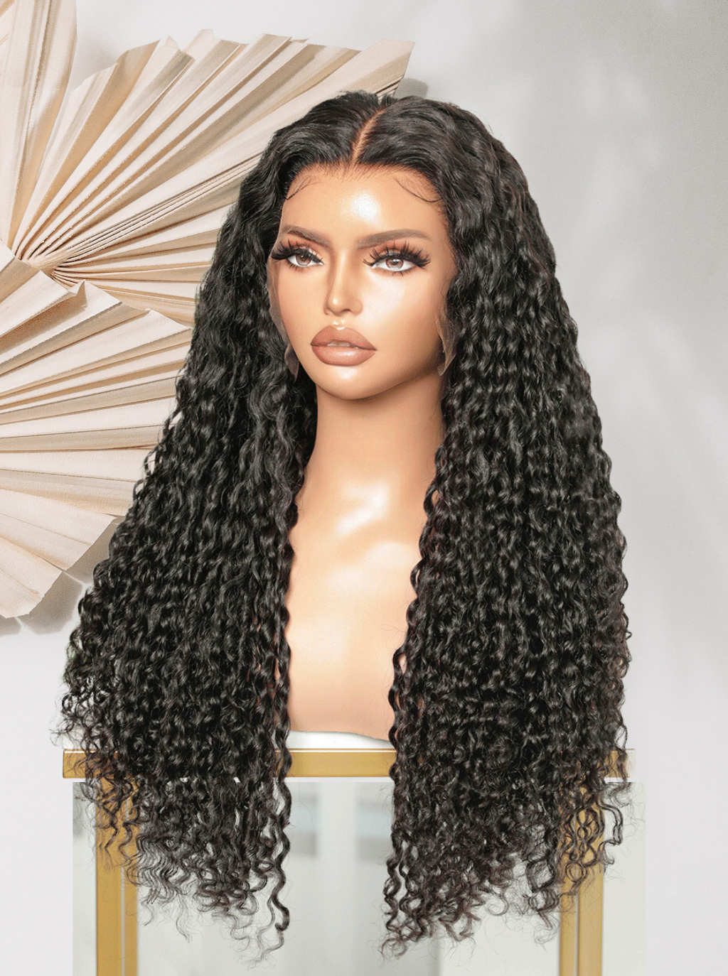 Black curly lace front wig, long hair with center part