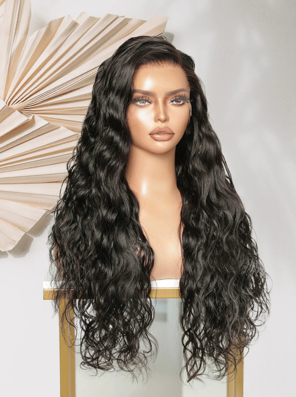 Glueless lace wig with long curly black hair and center part