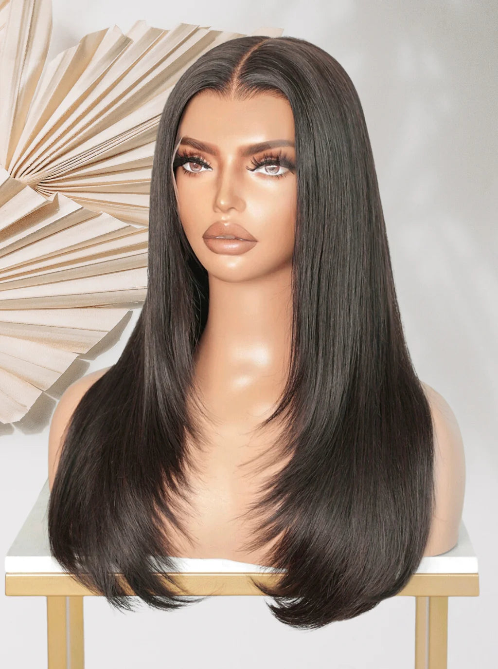 Glueless lace wig, long straight black hair with center part and smooth ends