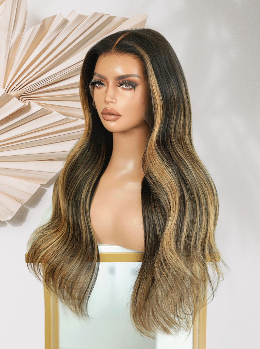 Dark brown long wavy wig with subtle blonde highlights and center part
