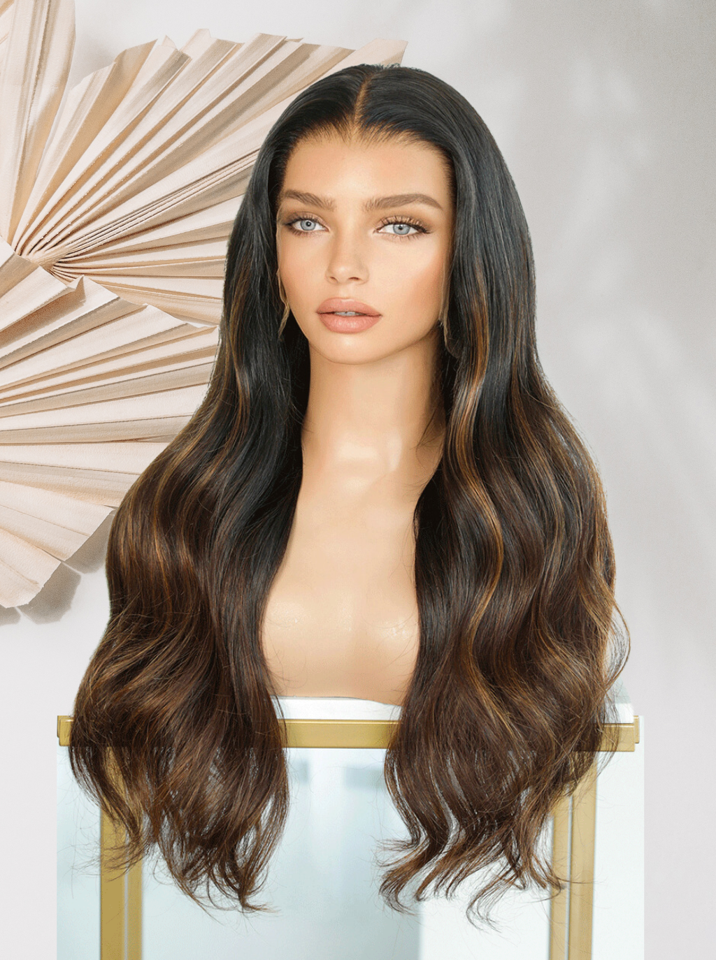 Dark brown lace wig with long wavy hair, center part, front view