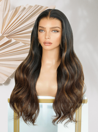 Dark brown long wavy wig with center part and softly feathered ends