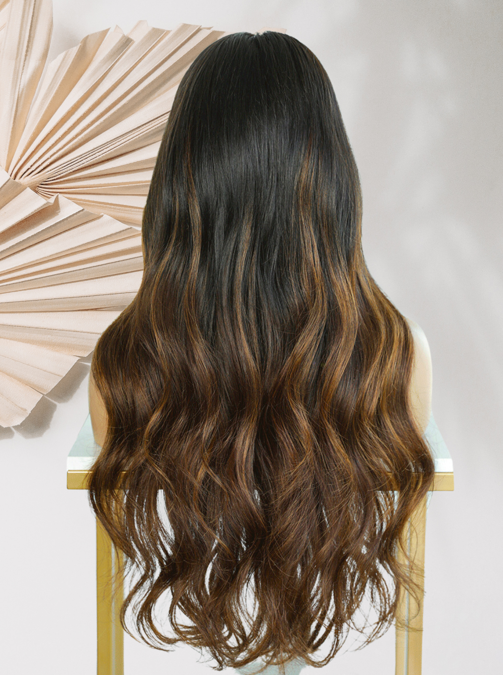 Dark brown lace wig with long wavy hair, back view, full length waves