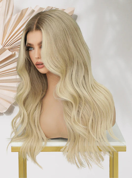 Long wavy ash-blonde wig with center part, layered waves and face-framing strands