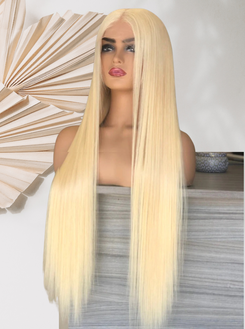 Blonde lace wig with long straight hair, full coverage cap, side-swept look
