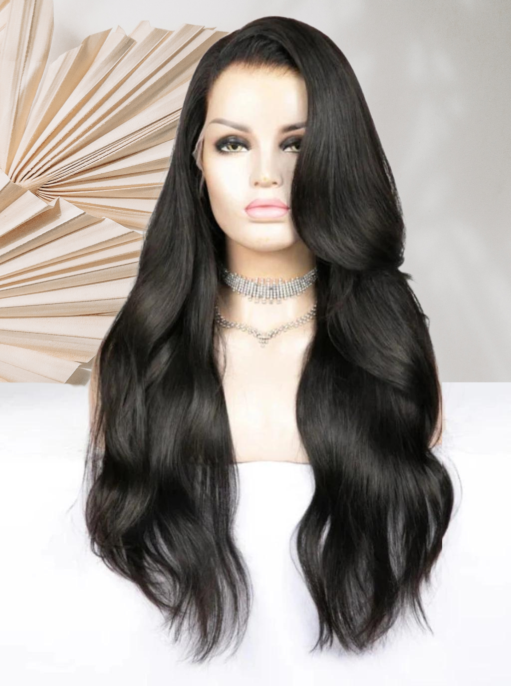 Long black wig, center part, long straight strands
