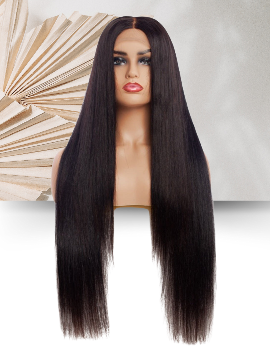 Long dark wig with center part and straight-cut ends