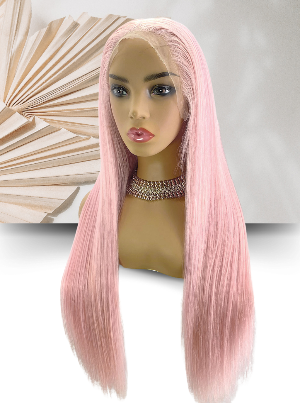Pink lace wig on mannequin, long straight hair with lace front