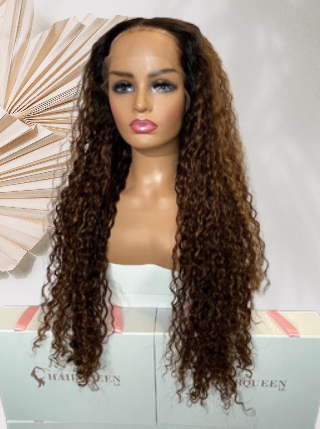 Glueless lace wig, long curly dark-brown hair, center part, full coverage