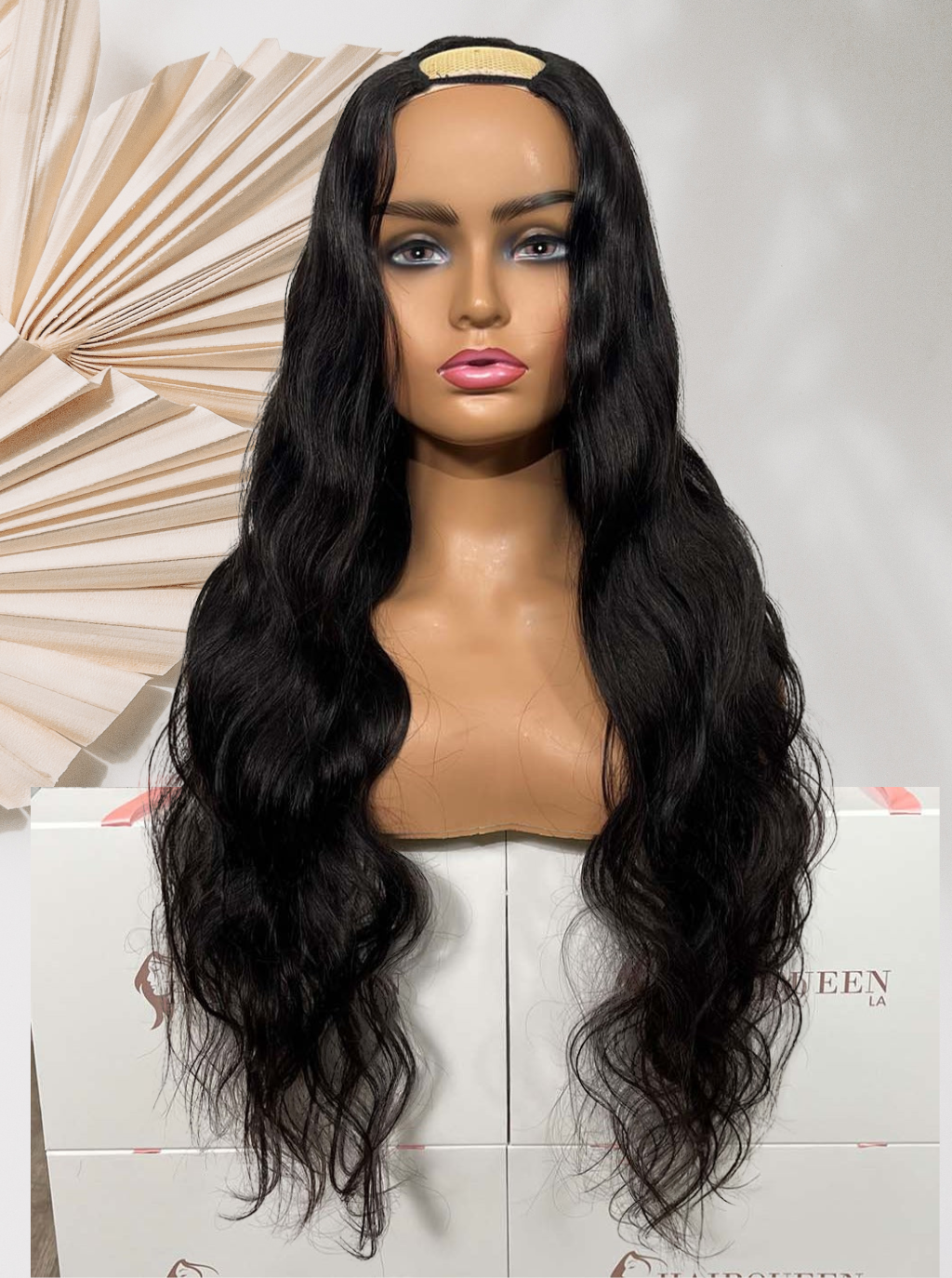 Olivia Upart wig with long black body wave hair, middle part