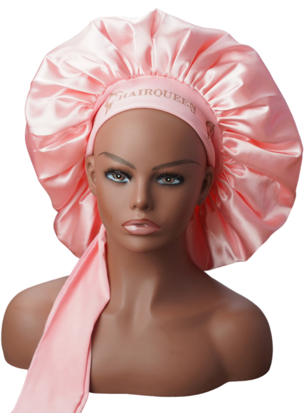 Pink silk bonnet with ruffled crown and logo elastic band
