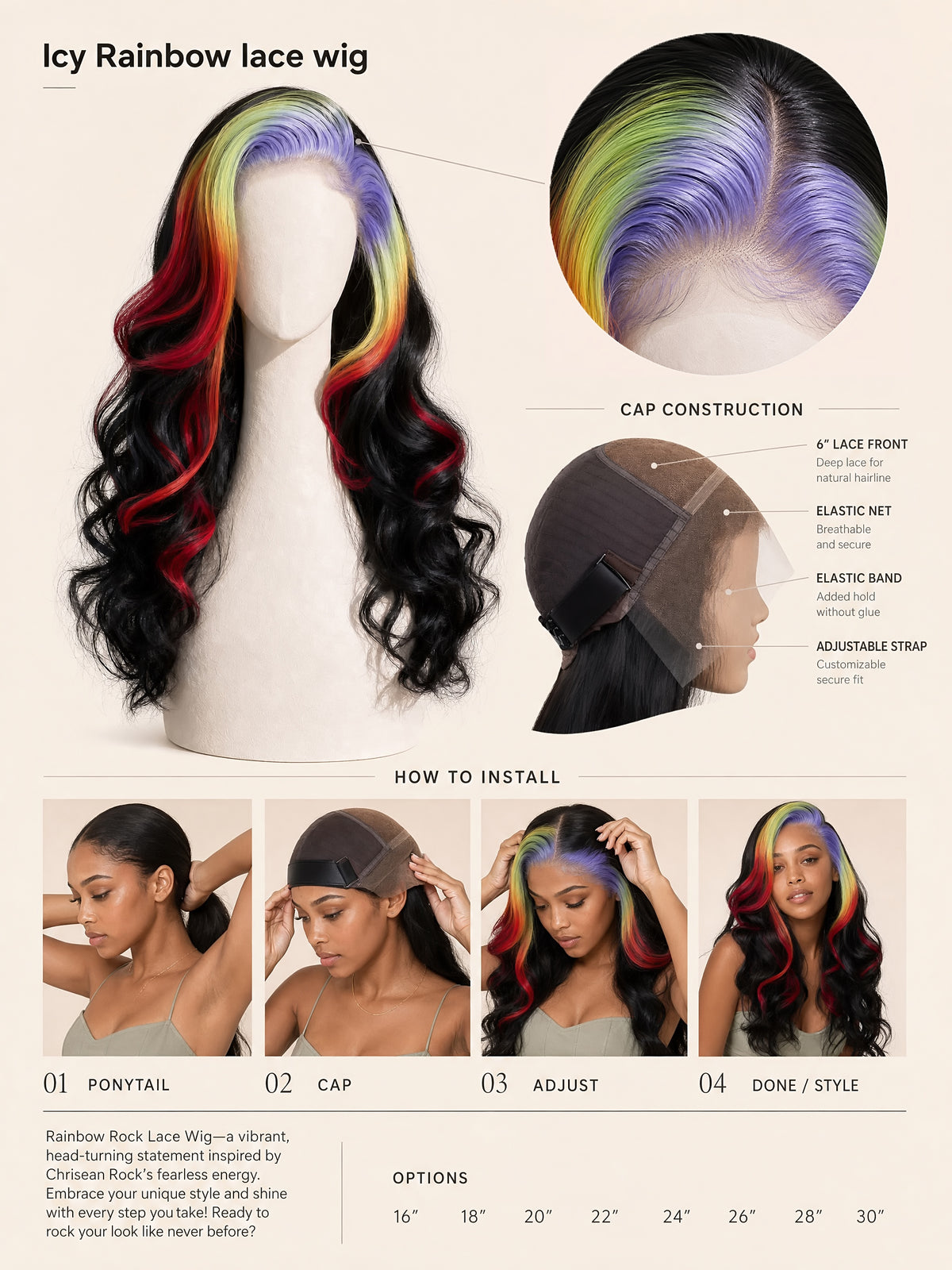 Rainbow lace wig with lace cap diagram; long wavy black hair with rainbow highlights