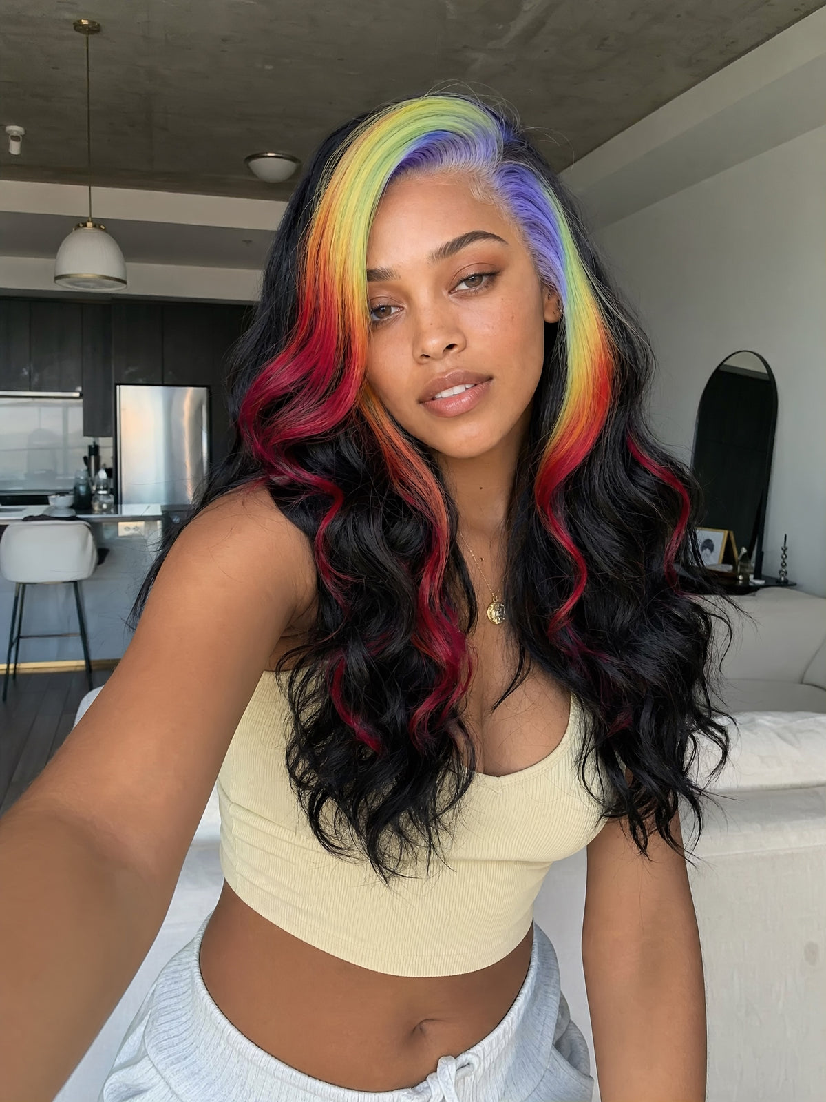 Rainbow lace wig with long wavy black hair and red, yellow, blue highlights