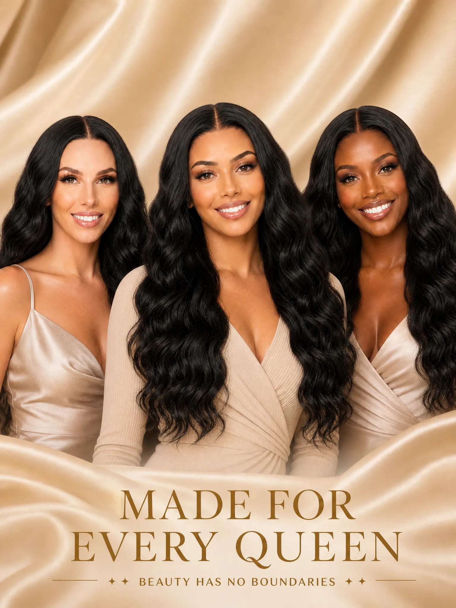 Long black wavy lace wig shown on three models, voluminous curls and center part