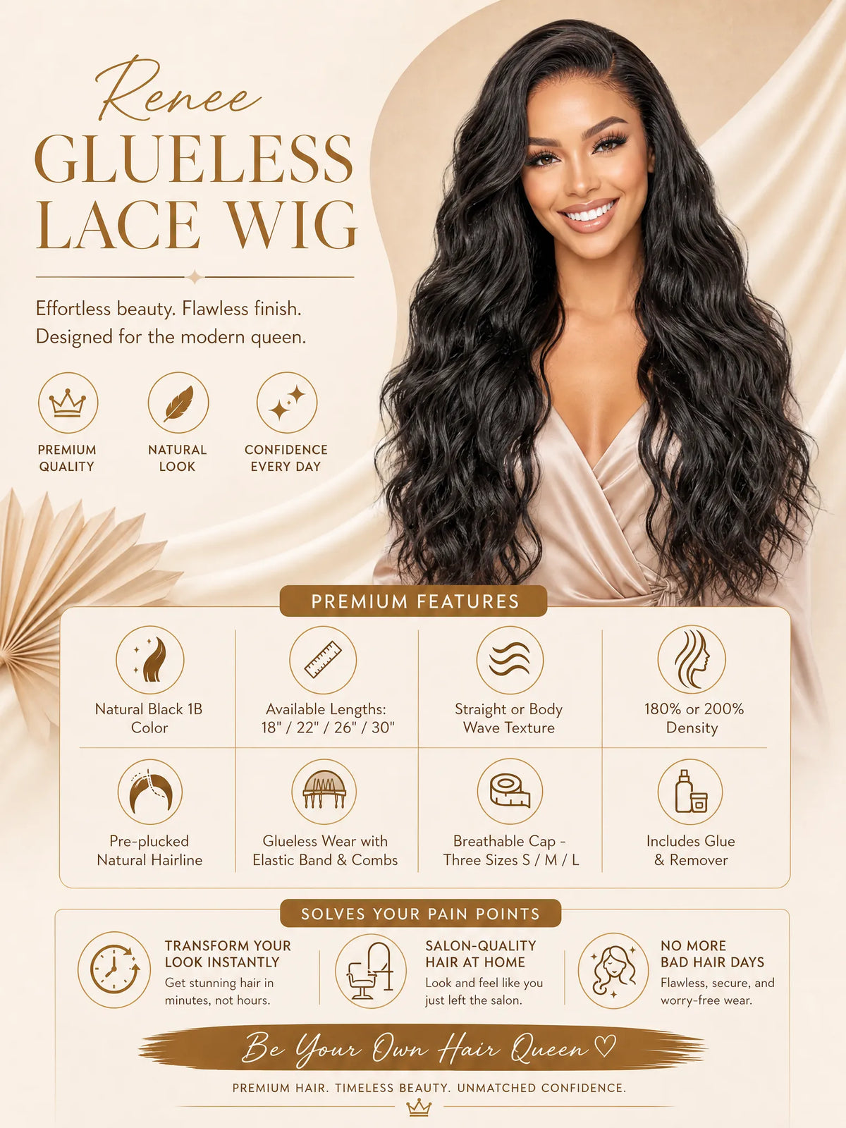 Glueless lace wig promo with long black wavy hair on a smiling model