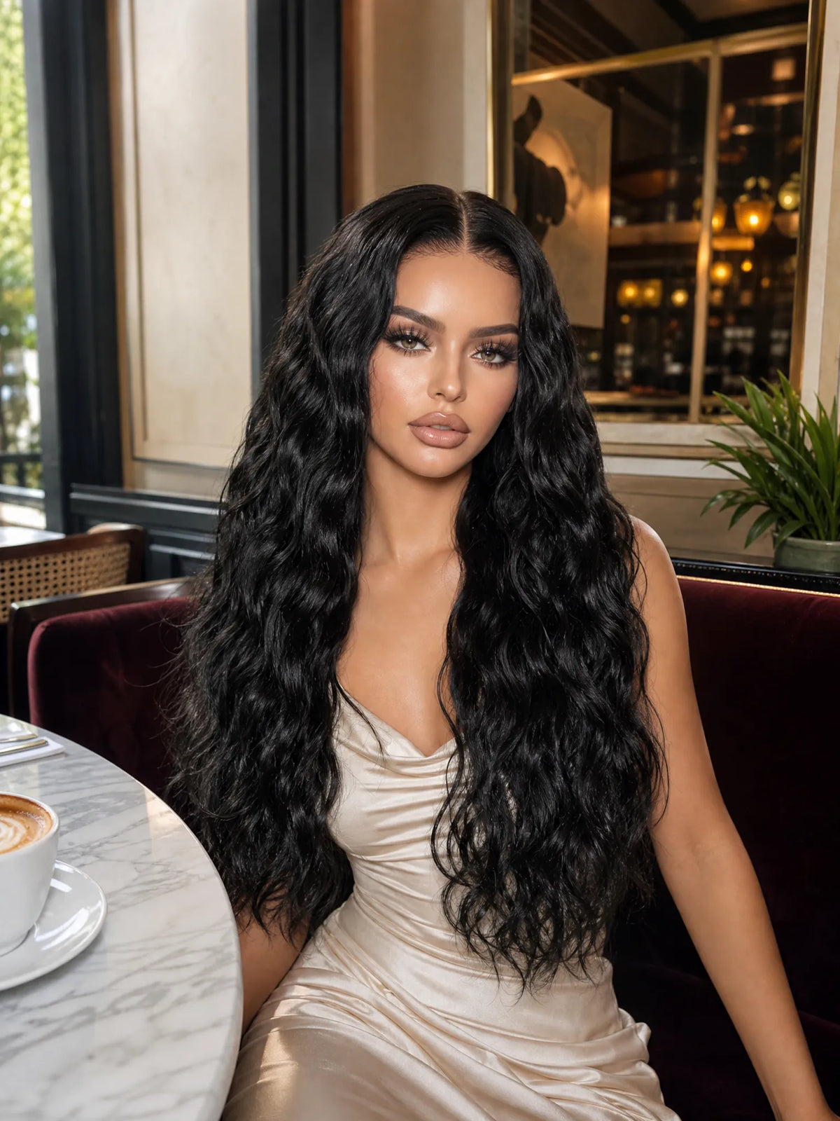 Long black wavy lace wig with deep side part, flowing curls, natural hairline