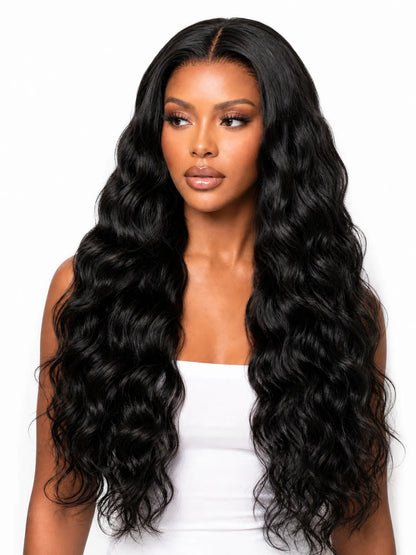 Long black wavy lace wig with center part, voluminous curls, natural hairline